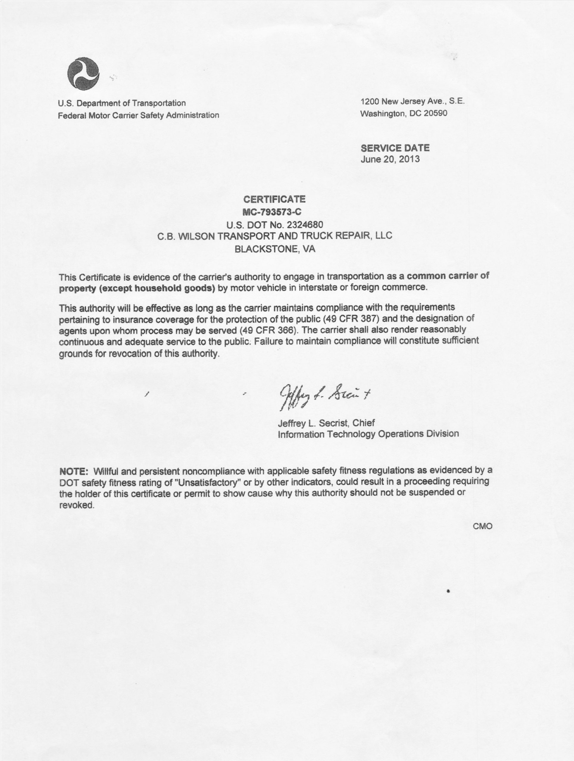 CB Wilson Transport U.S. DOT Certificate